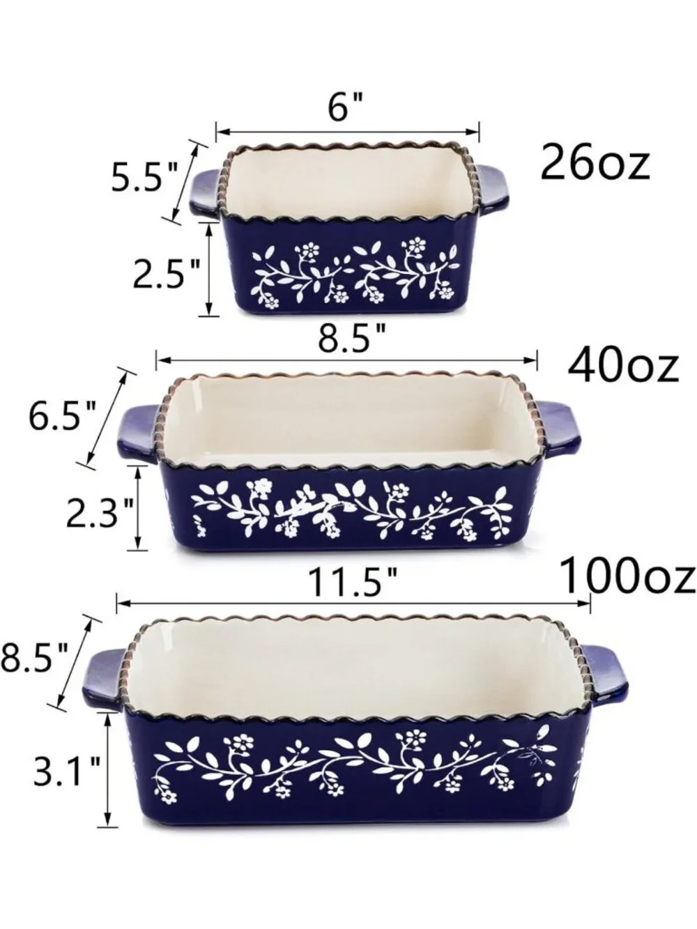 Ceramic Bakeware Set - 3 Rectangular Lasagna Pans for Casseroles & Cakes, Cobalt